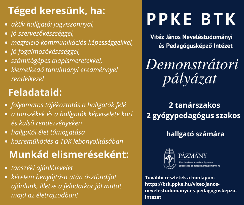 Demonstrátori pályázat a PPKE BTK-n!